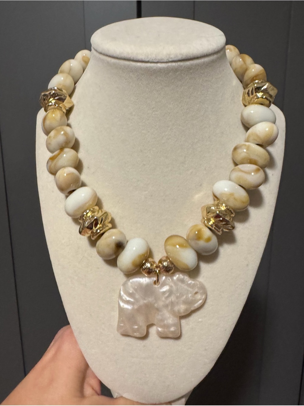 Beige and Gold Beaded Necklace with Iridescent Elephant Pendant